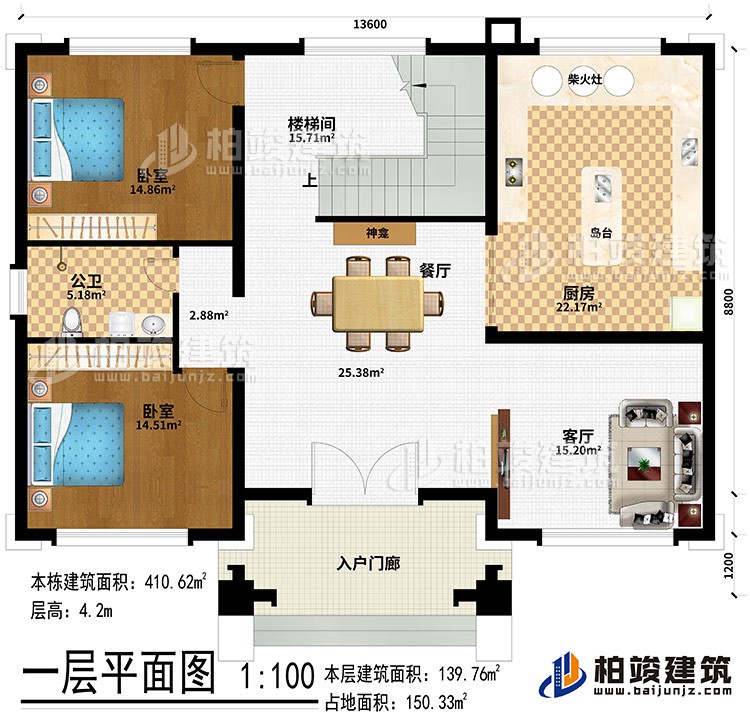 一层：入户门廊、客厅、餐厅、厨房、神龛、岛台、柴火灶、楼梯间、公卫、2卧室